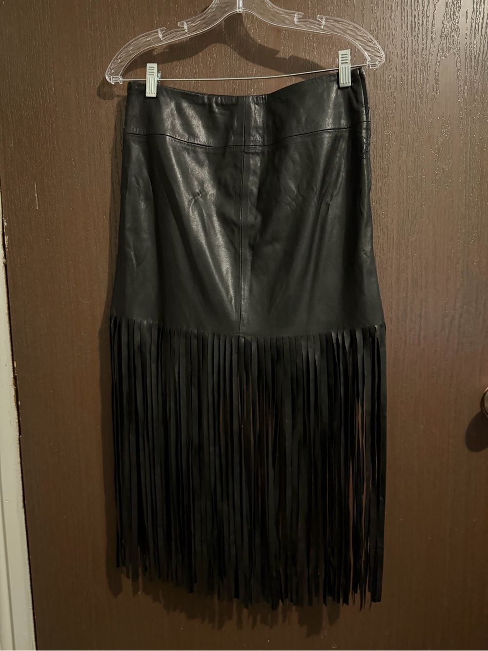 Vakko SportBlack Faux Leather Midi Skirt with Fringe Neiman Marcus Size S